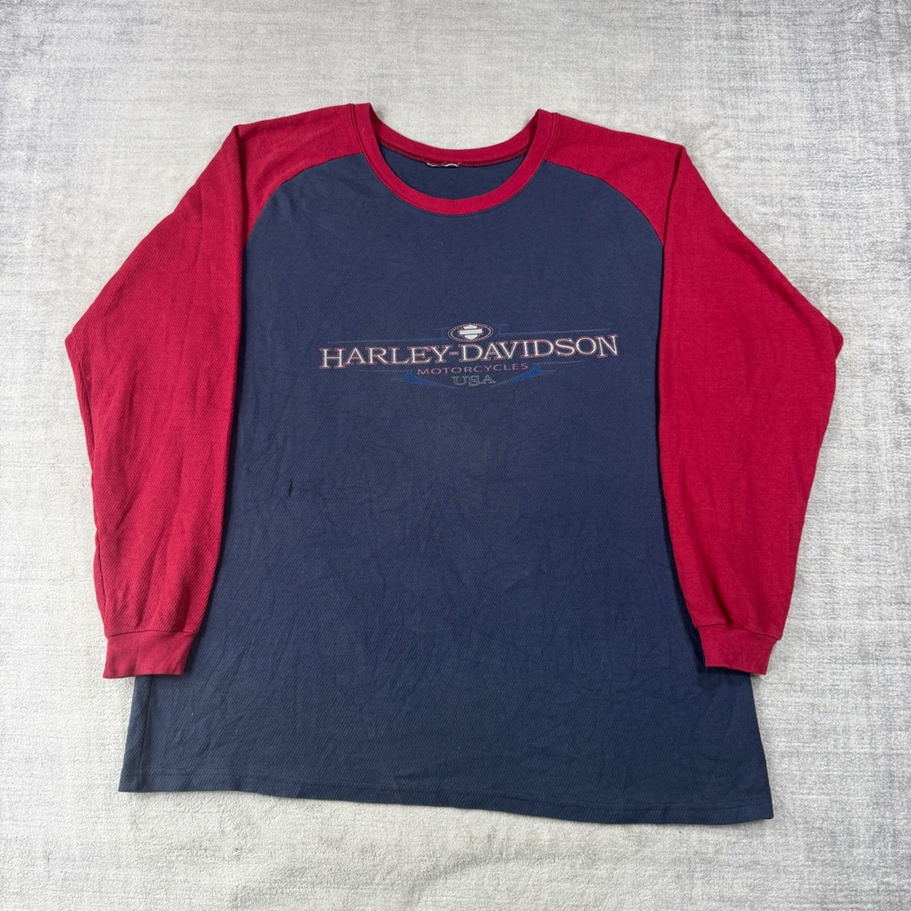 Harley Davidson Shirt Mens XL Blue Raglan Waffle Knit Thermal Vtg Y2K Phoenix